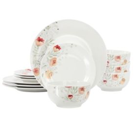Elama Poppy Porcelain Dinnerware Collection Sets – Timeless Floral Dining Essentials (Items: Elama Poppy 12 Piece)