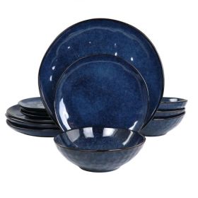 Elama Samara 12 Piece Stoneware Dinnerware Set in Blue Or Red And Taupe (Style & Color: Elama Samara-Blue)