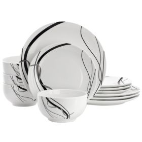 Elama Sarah Porcelain Black Ribbon Dinnerware Set Collection, in White and Black (Items: Elama Sarah 12-Piece)