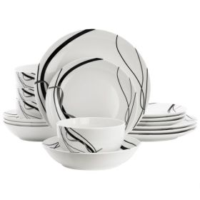Elama Sarah Porcelain Black Ribbon Dinnerware Set Collection, in White and Black (Items: Elama Sarah 16-Piece)