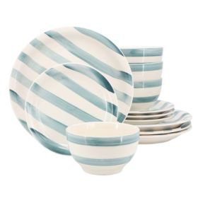 Gibson Home Kenwood Shores 12-Piece Stoneware Dinnerware Set – Hand-Painted Stripes (Set: Kenwood Shores - Blue Stripe)