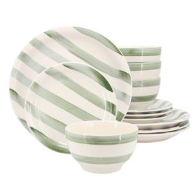 Gibson Home Kenwood Shores 12-Piece Stoneware Dinnerware Set – Hand-Painted Stripes (Set: Kenwood Shores - Green Stripe)