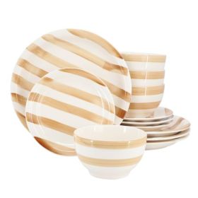Gibson Home Kenwood Shores 12-Piece Stoneware Dinnerware Set – Hand-Painted Stripes (Set: Kenwood Shores - Sand Stripe)