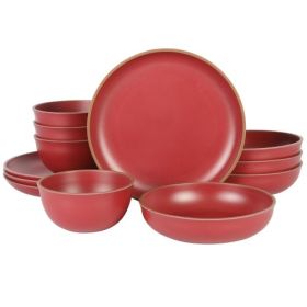 Gibson Home Rockabye 12 Piece Double Bowl Malemine Dinnerware Set Collection (Style & Color: Rockabye-Red)