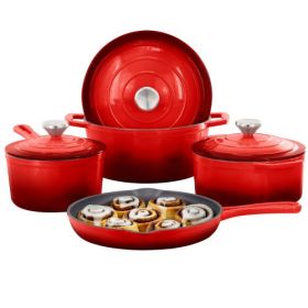 MegaChef 7 Piece Enameled Cast Iron Cookware Set in Gray (Style & Color: MegaChef 7 Piece-Gradient Red)