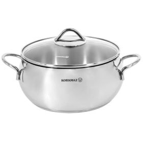 Korkmaz Tombik Stainless Steel Low Stockpot With Glass Lid – Polished Finish & Even Heat Performance (Sizes: 3.5 Liter)