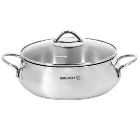 Korkmaz Tombik Stainless Steel Low Sauté Pot With Glass Lid in Polished Silver (Sizes: 5 Liter)