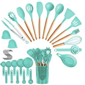 35-Piece Kitchen Utensil Collection – Heat Resistant Silicone and Stainless Steel Tools With Holder, Perfect for Every Kitchen (Color: Green)