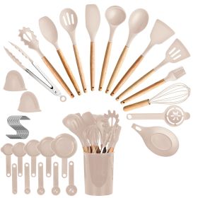 35-Piece Kitchen Utensil Collection – Heat Resistant Silicone and Stainless Steel Tools With Holder, Perfect for Every Kitchen (Color: Khaki)