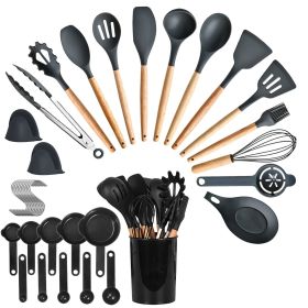 35-Piece Kitchen Utensil Collection – Heat Resistant Silicone and Stainless Steel Tools With Holder, Perfect for Every Kitchen (Color: Black)