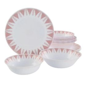 Ultra by Gibson Piper Point 12 Piece Opal Glass Dinnerware Set (Soft Colors: White With Red Accents)