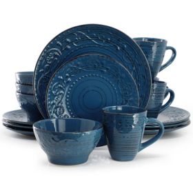 Elama Malibu Collection Multi-Color 16-Piece Embossed Stoneware Dinnerware Sets – Coastal Waves Edition (Style & Color: Elama Malibu Deep Ocean 16-Piece/Dark Blue)