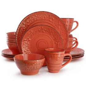 Elama Malibu Collection Multi-Color 16-Piece Embossed Stoneware Dinnerware Sets – Coastal Waves Edition (Style & Color: Elama Malibu Jasper 16-Piece/Orange)
