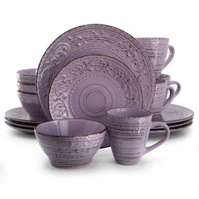 Elama Malibu Collection Multi-Color 16-Piece Embossed Stoneware Dinnerware Sets – Coastal Waves Edition (Style & Color: Elama Malibu Mica 16-Piece/Purple)