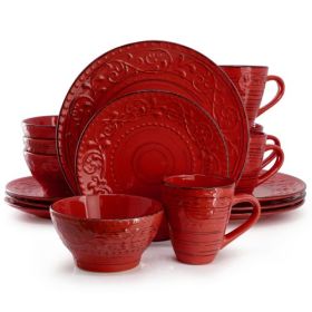 Elama Malibu Collection Multi-Color 16-Piece Embossed Stoneware Dinnerware Sets – Coastal Waves Edition (Style & Color: Elama Malibu Ocean Bloom 16-Piece/Red)