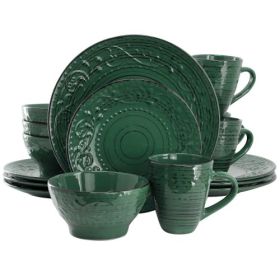 Elama Malibu Collection Multi-Color 16-Piece Embossed Stoneware Dinnerware Sets – Coastal Waves Edition (Style & Color: Elama Malibu Sea Glass 16-Piece/Dark Green)