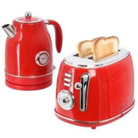 MegaChef Retro 2-Piece Breakfast Set – 1.8 Quart Electric Water Kettle & 2-Slice Toaster Combo With Vintage Design (Colours: Red)