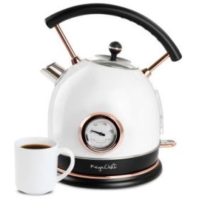 MegaChef 1.9 Quart Half Circle Electric Hot Water Kettle Rose Gold Trim with/without Thermostat Perfect Boiling Every Time (Rose Gold Trim: White with Thermostat)